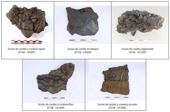 Planche photographique des différents types de scorie de réduction mis au jour (S. Lacroix, CITERES/LAT)